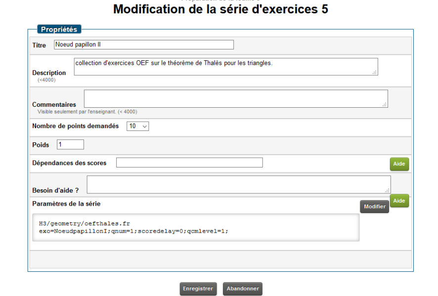 page de prparation : modification d'une srie d'exercices